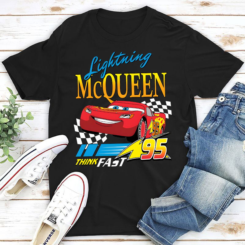 Personalized T-shirt Lightning McQueen Think Fast Colorful Pattern Design Cool Gift for Car Lovers