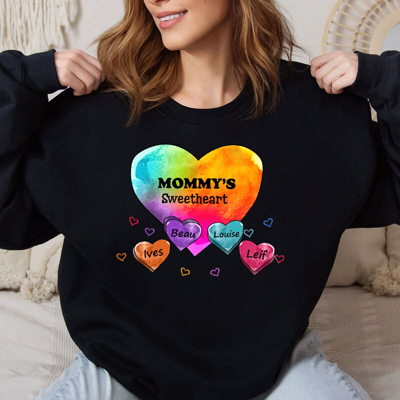 Personalized Sweatshirt Mom's Sweetheart Custom Kids Name Colorful Heart Design Gift for Mother's Day