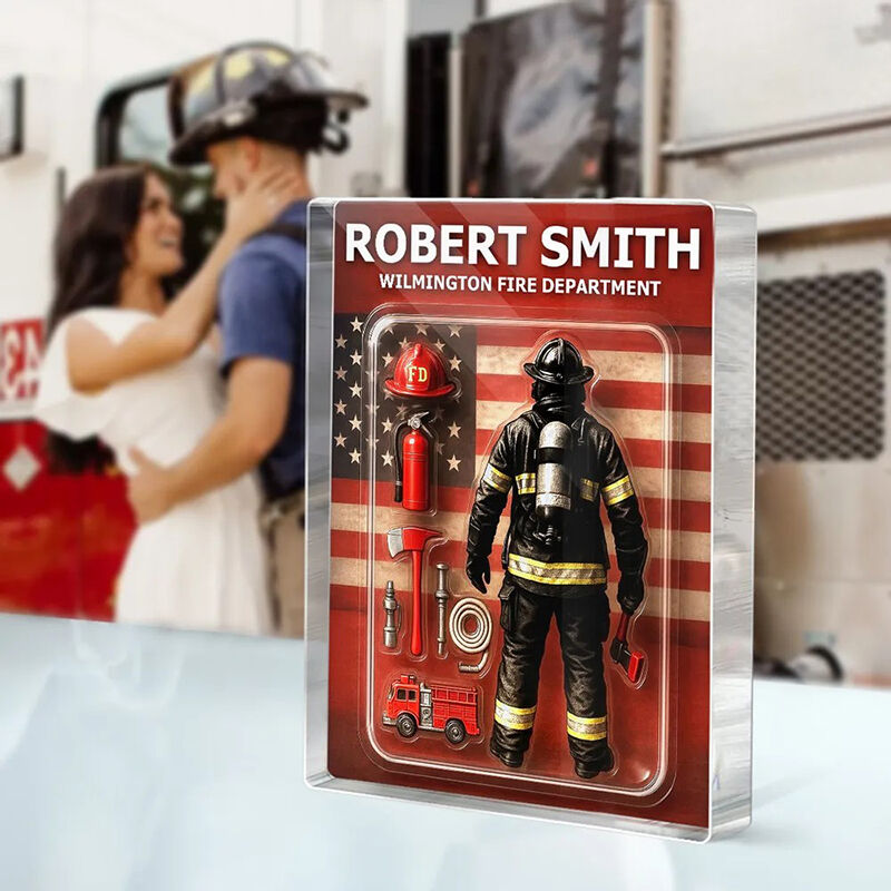 Personalized Name Acrylic Plaque with Firefighter Figure Pattern Best Gift for Your Love