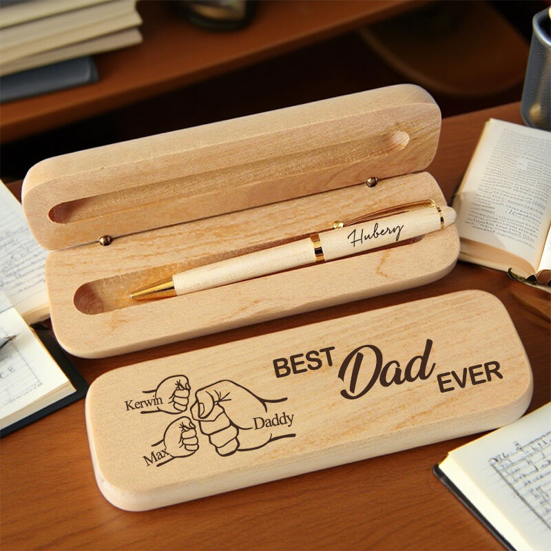 Personalized Pen Wooden Box Best Dad Ever Custom Fist Bump Design Attractive Gift for Dear Father