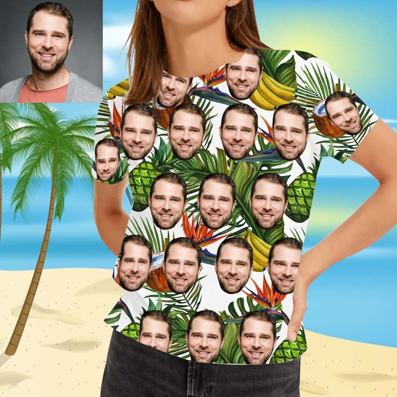 T-shirt hawaïen pour femmes avec banane et ananas, avec visage personnalisé