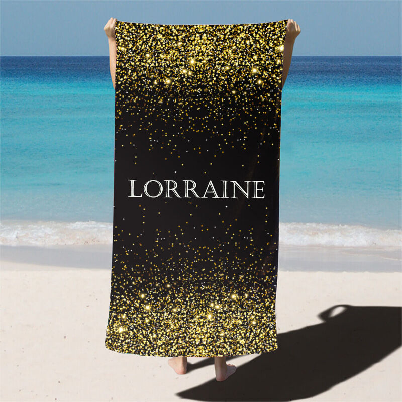 Personalized Name Beach Bath Towel with Black Gold Quicksand Pattern Elegant Gift for her