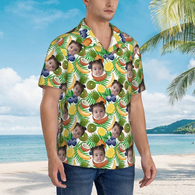 Personalisiertes Hawaii Hemd Obstdruck Kindergesicht Kurzarm Geschenk für Papa