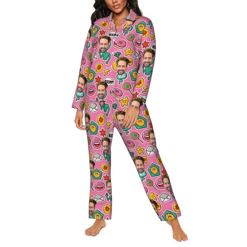 Personalized Pajamas Custom Photo Alien Donut Funny Cartoon Pattern Design Gift for Family Members