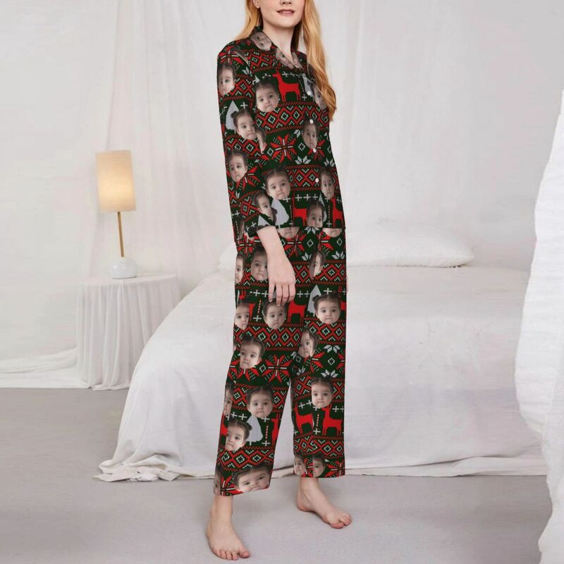 Personalisierte Pyjamas mit individuellem Foto Rentier Schneeflocken Rot-Schwarz-Stil Design Geschenk für die Familie