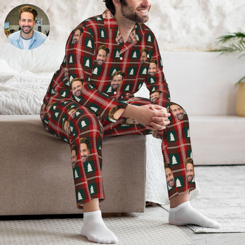 Pyjama personnalisé avec photo personnalisée et motif de sapin de Noël à carreaux rouges et noirs, cadeau pour lui