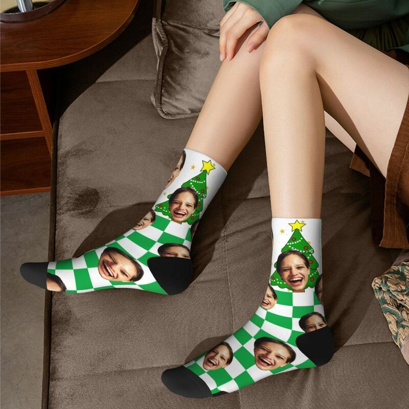 Customized Face Socks Green Plaid Christmas Tree Pattern Socks Gifts for Friends