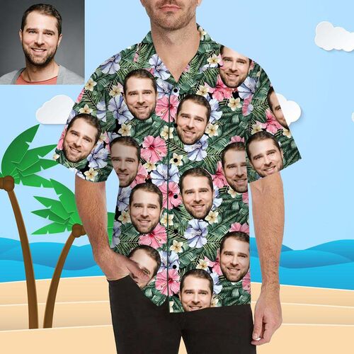 Magliette Personalizzate con Stampa Volto Stile Hawaiano e Fiori Multicolori per Uomini