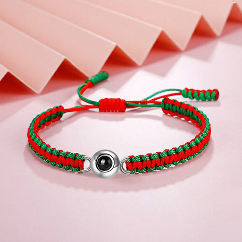 Bracelet de Projection Rond Personnalisé en Argent Sterling Corde Tressée Mixte Rouge et Vert pour Noël