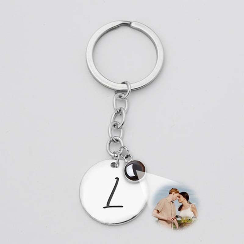 Custom Photo Projection Keychain, Initials Engraved Disc Keychain