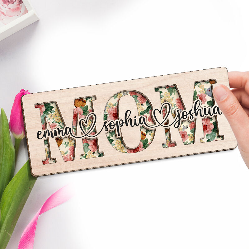 Personalized Frame Mom Wooden Sign with Custom Names Blossom Setting Design Perfect Mother's Day Gift