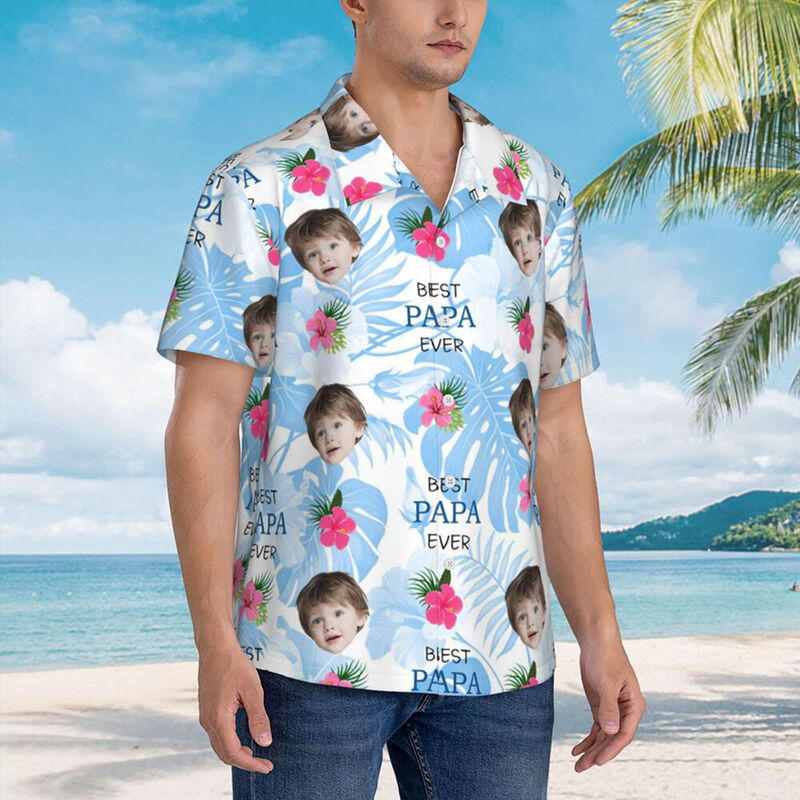 "Best Papa Ever" Personalized Hawaiian Shirt Custom Photo Birthday Gift for Dad