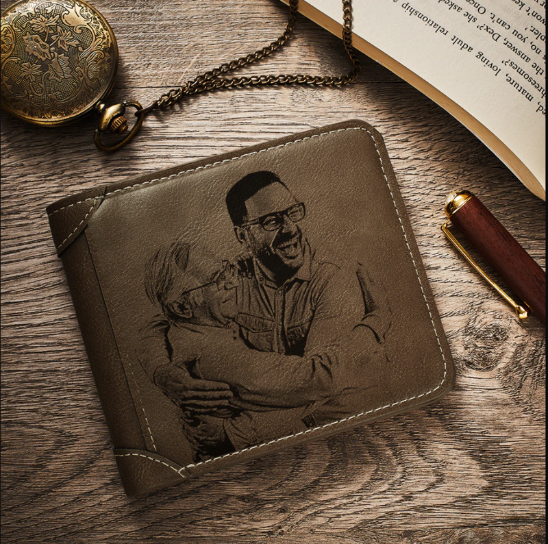 Portefeuille pour homme en cuir brun avec photo gravée Cadeau pour le père
