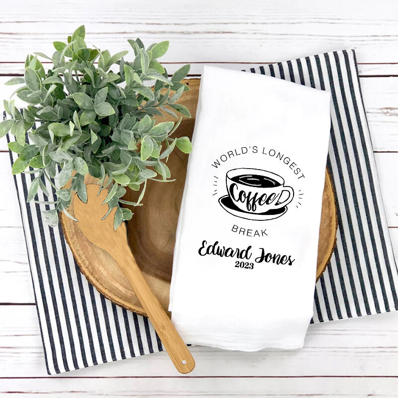 Personalized Towel with Custom Name World's Longest Break of Drinking Coffee Gift for Friend