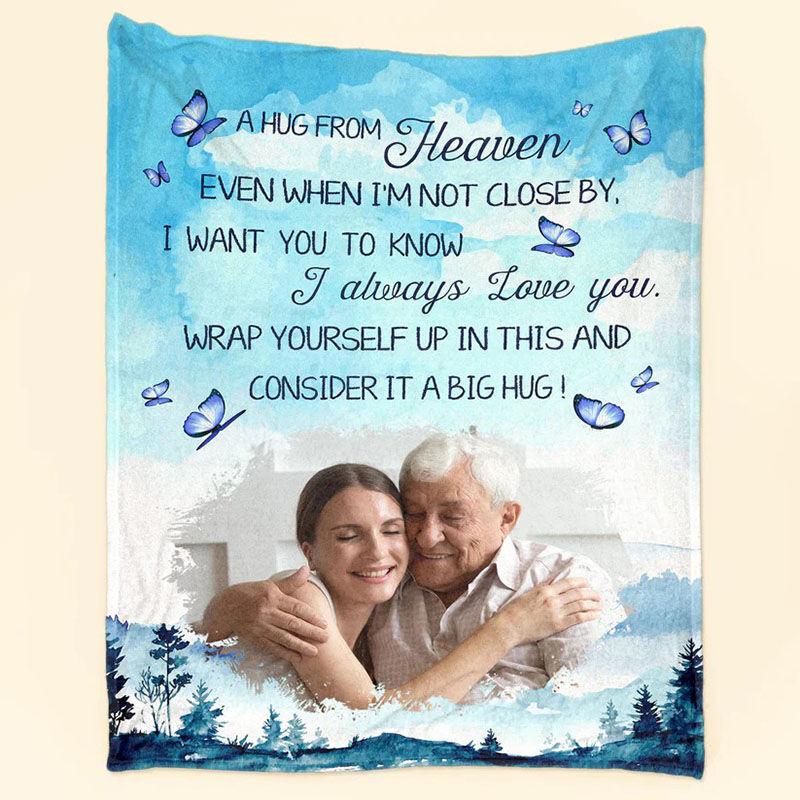 Personalized Picture Blanket with Blue Butterflies Pattern Beautiful Present for Dear Family
