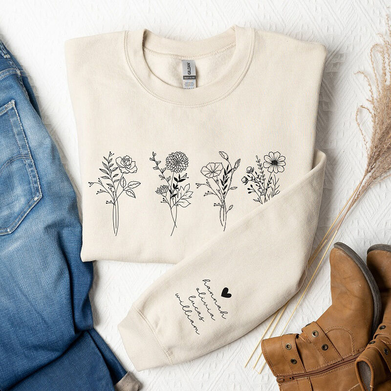 Personalized Sweatshirt Gorgeous Birth Flower with Custom Names On The Sleeve Unique Gift for Her