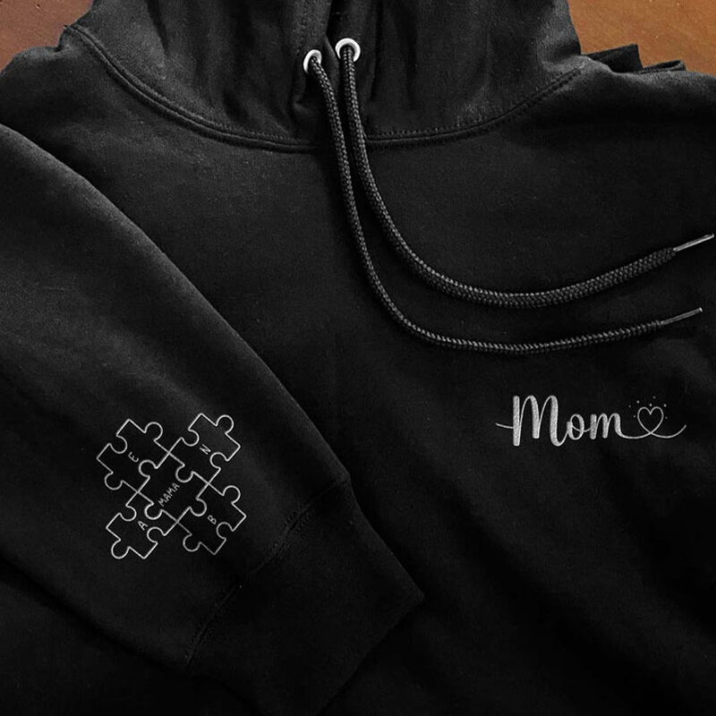 Personalized Hoodie Embroidered Mom with Custom Puzzles Design Meaningful Gift for Mother's Day