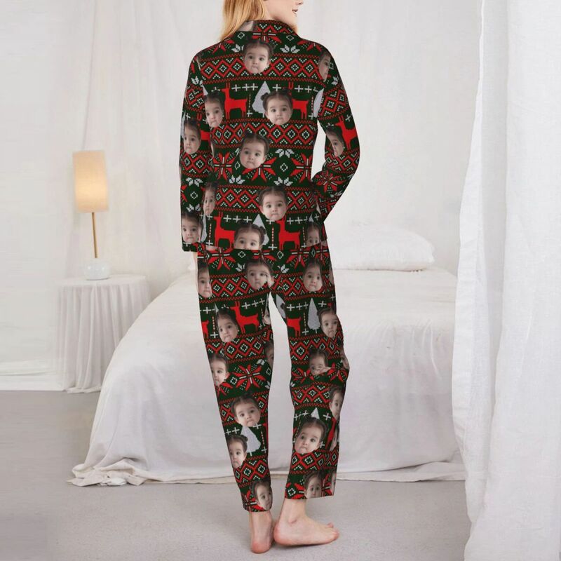 Personalized Pajamas Custom Photo Reindeer Snowflake Red and Black Style Design Gift for Family