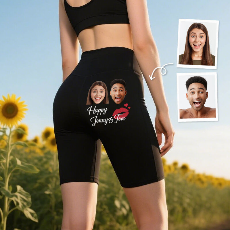Personalized Biker Leggings Happy Couples Custom Photo Kiss Design Attractive Gift for Her Lovers