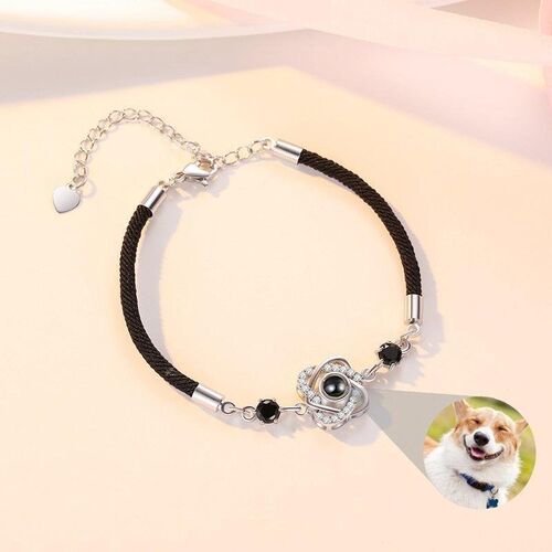 Personalized Photo Projection Bracelet Double Heart With Black Cord