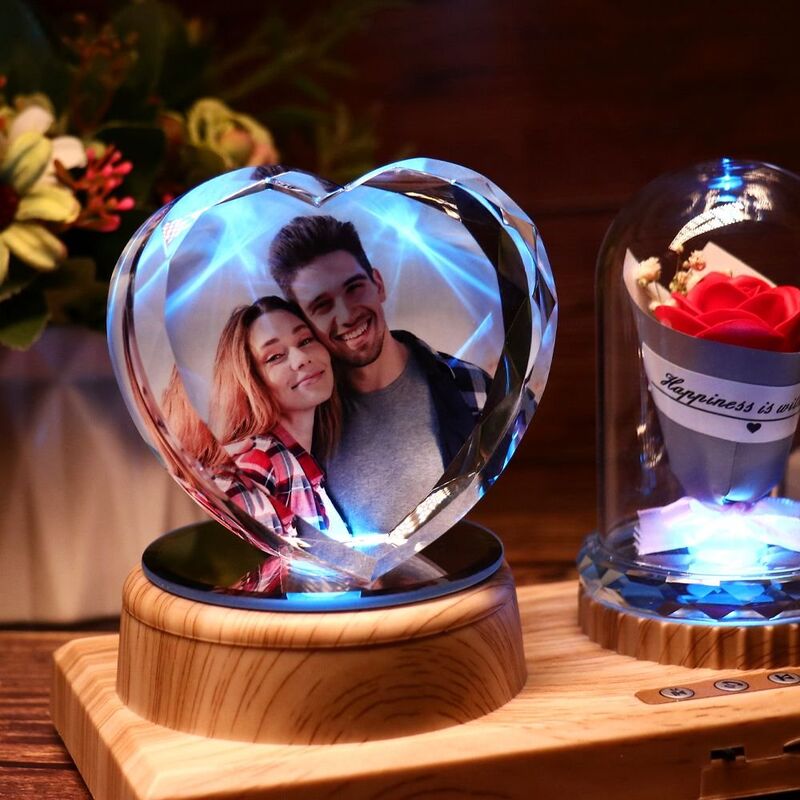 Personalized Photo Heart Diamond Crystal Lamp Bluetooth Speaker With Rose - Full Color