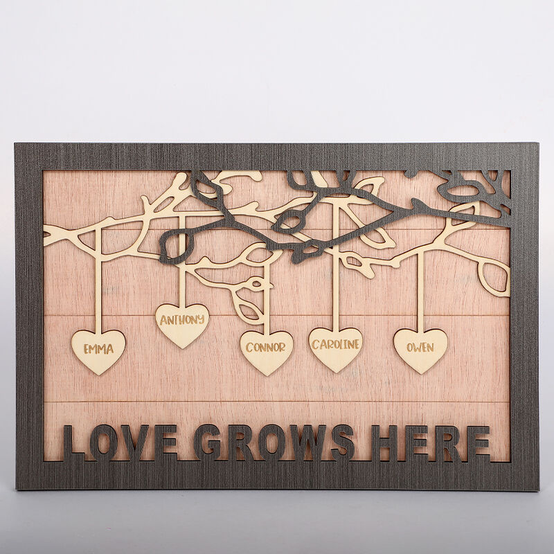 "Love Grows Here" Custom Heart Engraved Name Frame