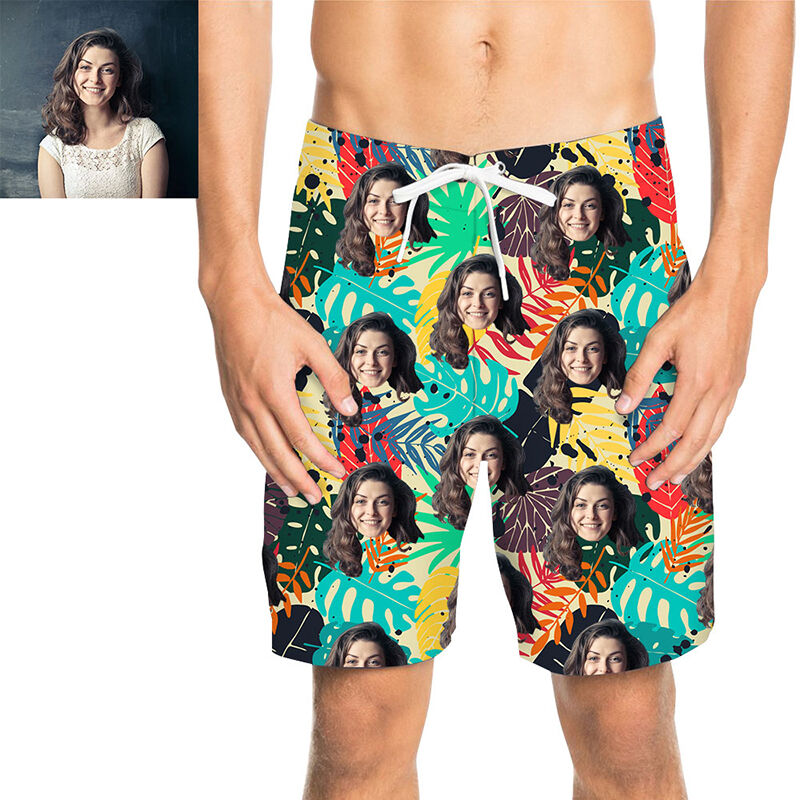 Custom Face Colorful Banana Leaves Men's Beach Shorts