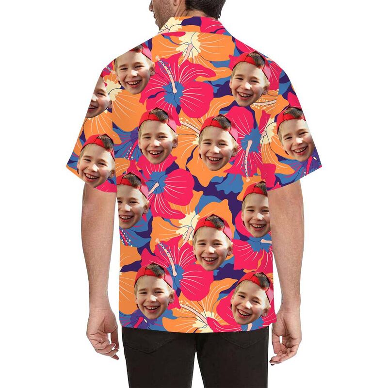 Custom Face Yellow and Red Flowers Men's All Over Print Hawaiian Shirt