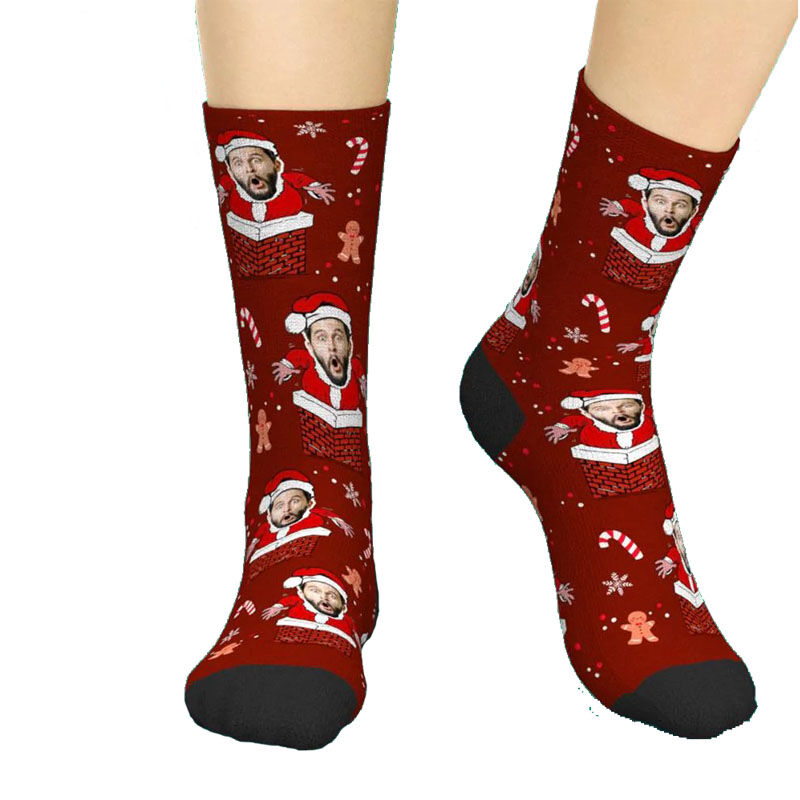 Custom Face Picture Socks Printed with Santa in the Chimney Funny Christmas Gift