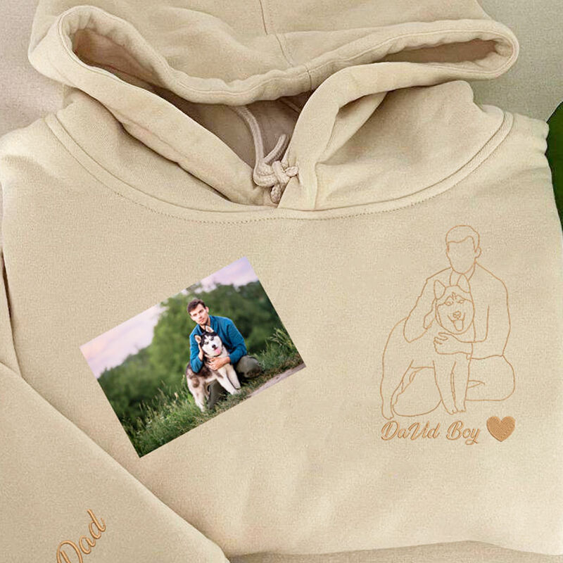 Personalized Hoodie Custom Embroidered Photo Line Drawing of Pet and People Gift for Pet Loving Dad