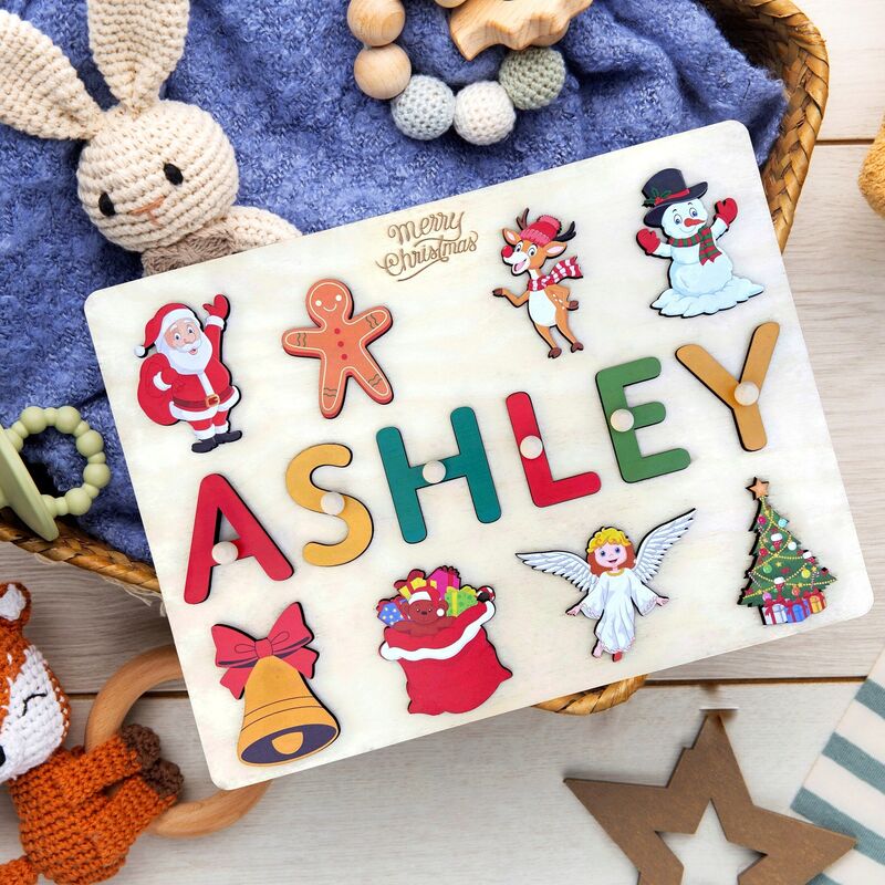 Personalized Baby Name Puzzle With Christmas Icons Cute Christmas Gift For Baby