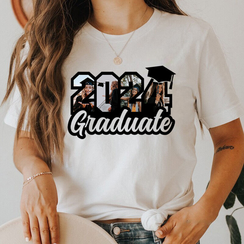 Personalisiertes T-Shirt 2024 Absolvent mit benutzerdefinierten Fotos Attraktives Geschenk zur Abschlussfeier