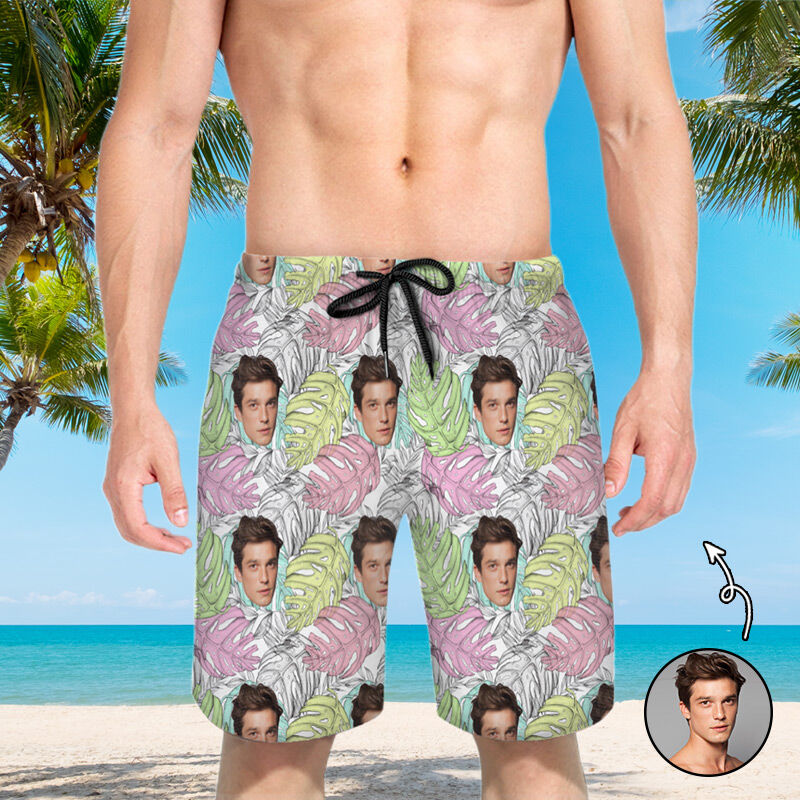 Personalized Picture Men's Beach Shorts with Coconut Tree Leaves Pattern Simple Gift for Boyfriend