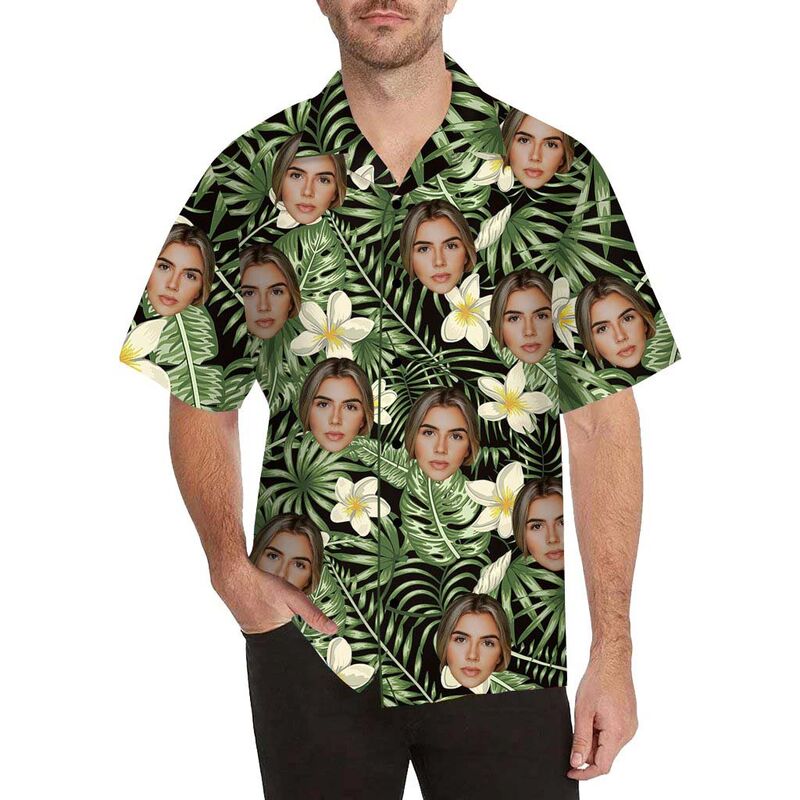 Custom Face Pale Yellow Petals and Leaves Men's All Over Print Hawaiian Shirt