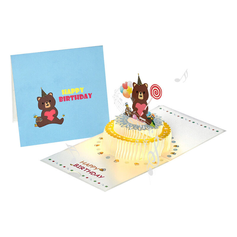 3D Love Bear Cake Pop Up Card with Happy Birthday Music for Loved One