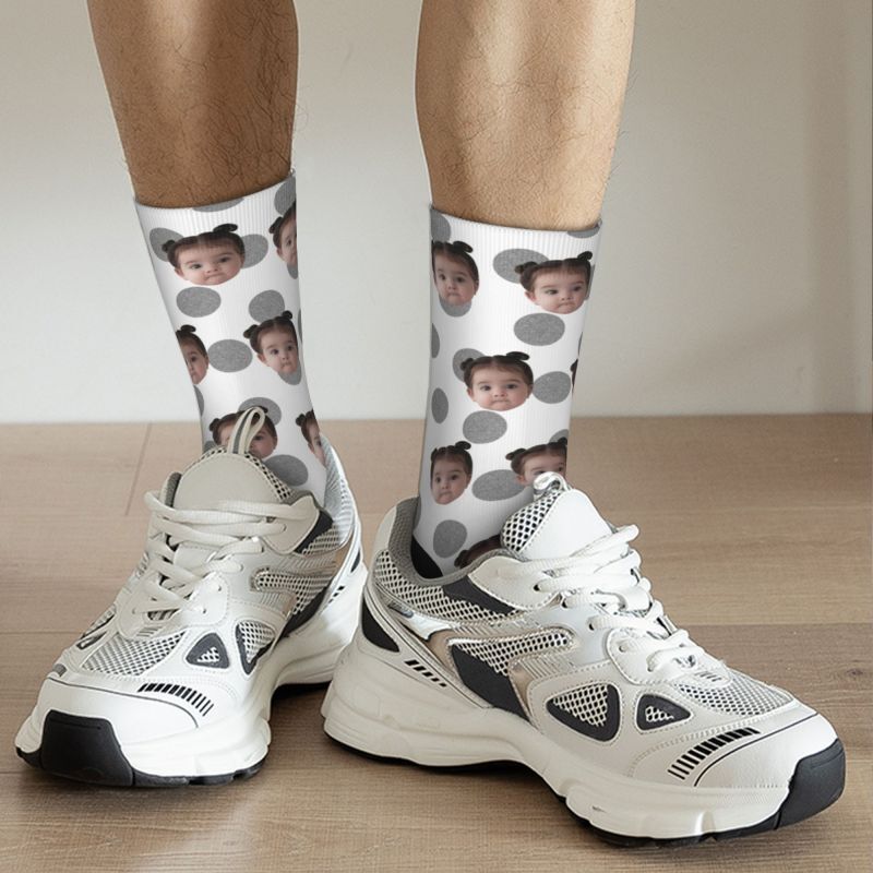 Customized Photo Socks Breathable Material with Grey Polka Dots for Friends