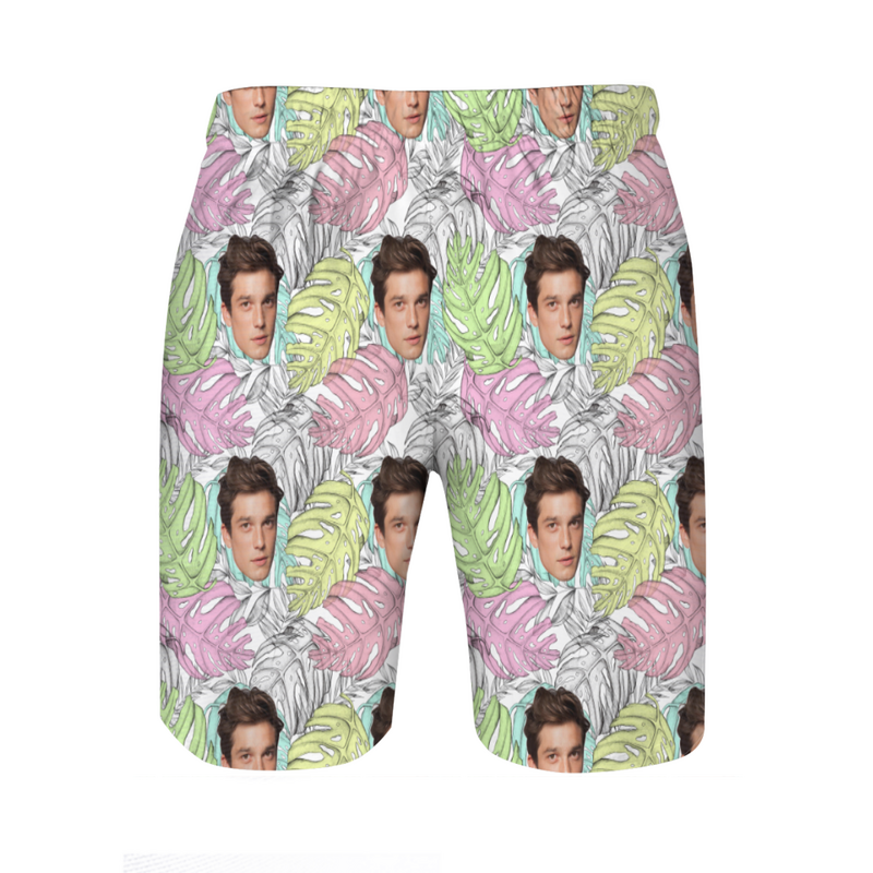 Personalized Picture Men's Beach Shorts with Coconut Tree Leaves Pattern Simple Gift for Boyfriend