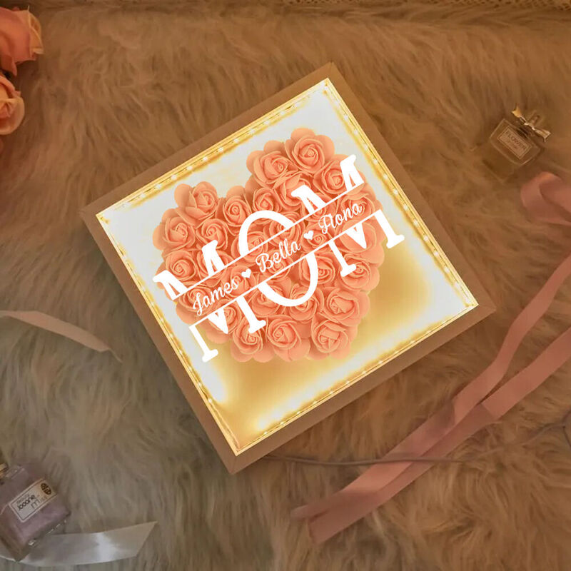 Personalized Flower Shadow Box Photo Frame with Light Customized Child Name Mother's Day Gift
