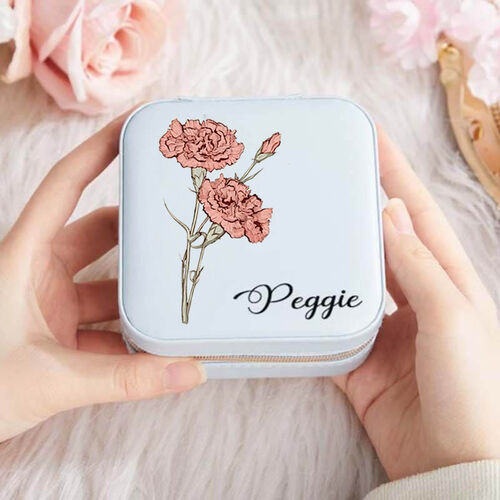 Personalized Square Jewelry Box With Custom Name and Colorful Birth Flower for Her