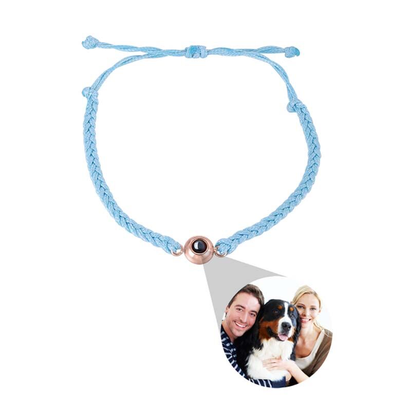 Personalized Circle Photo Projector Bracelet For Women And Men with Blue Rope