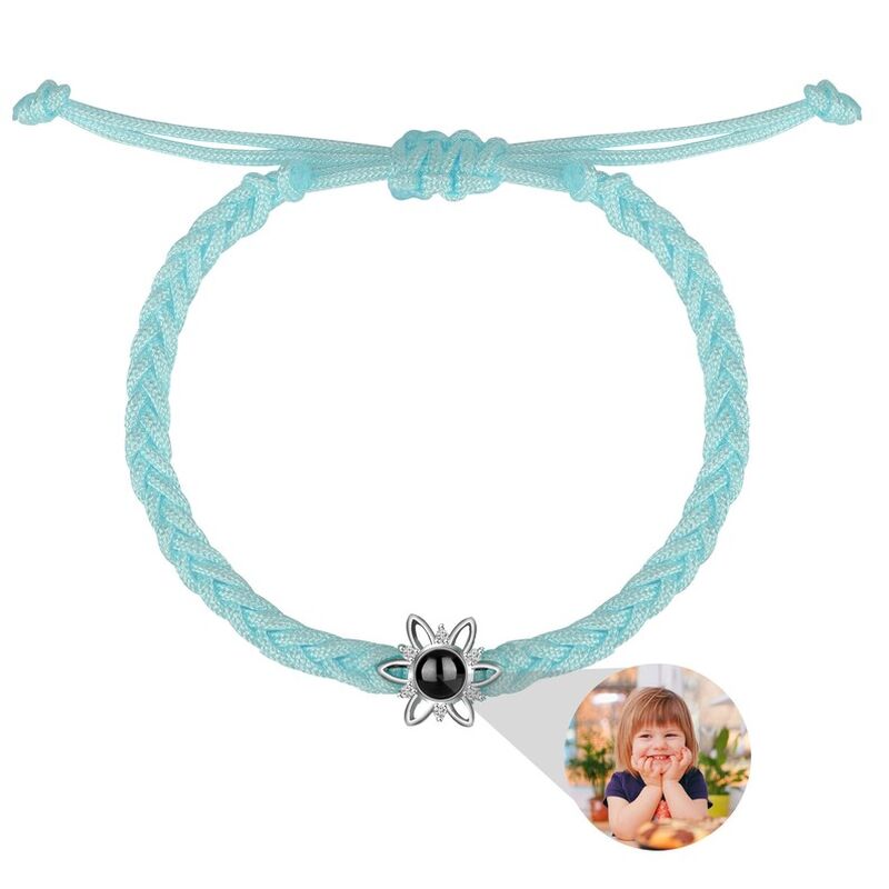Statement Sunflower Photo Projection Braided Bracelet with Blue Rope