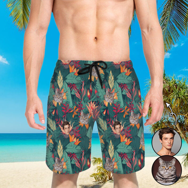 Personalized Picture Men's Beach Shorts with Plants Pattern Stylish Gift for Family