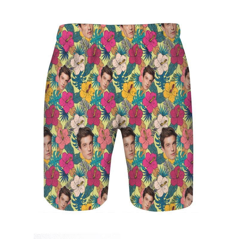 Personalized Picture Men's Beach Shorts with Yellow Flower Pattern Creative Present for Family