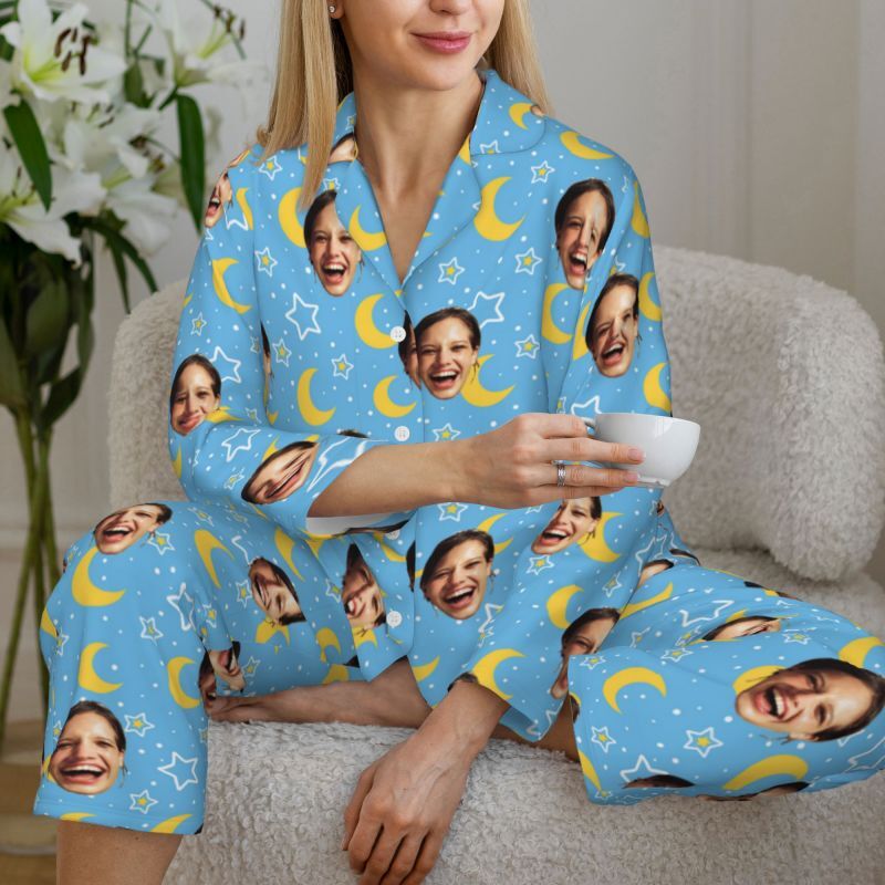 Personalized Pajamas Custom Photo Light Blue Stars Moon Pattern Design Vibrant Gift for Family