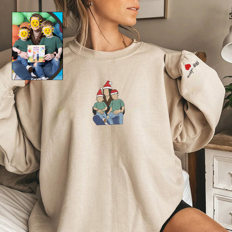 Personalized Sweatshirt Embroidered Custom Photo with Christmas Hat Design Perfect Gift for Family Members