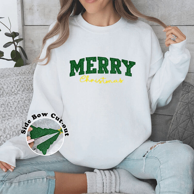 Personalized Sweatshirt Embroidery Glitter Message with Side Christmas Tree Design Creative Gift for Family