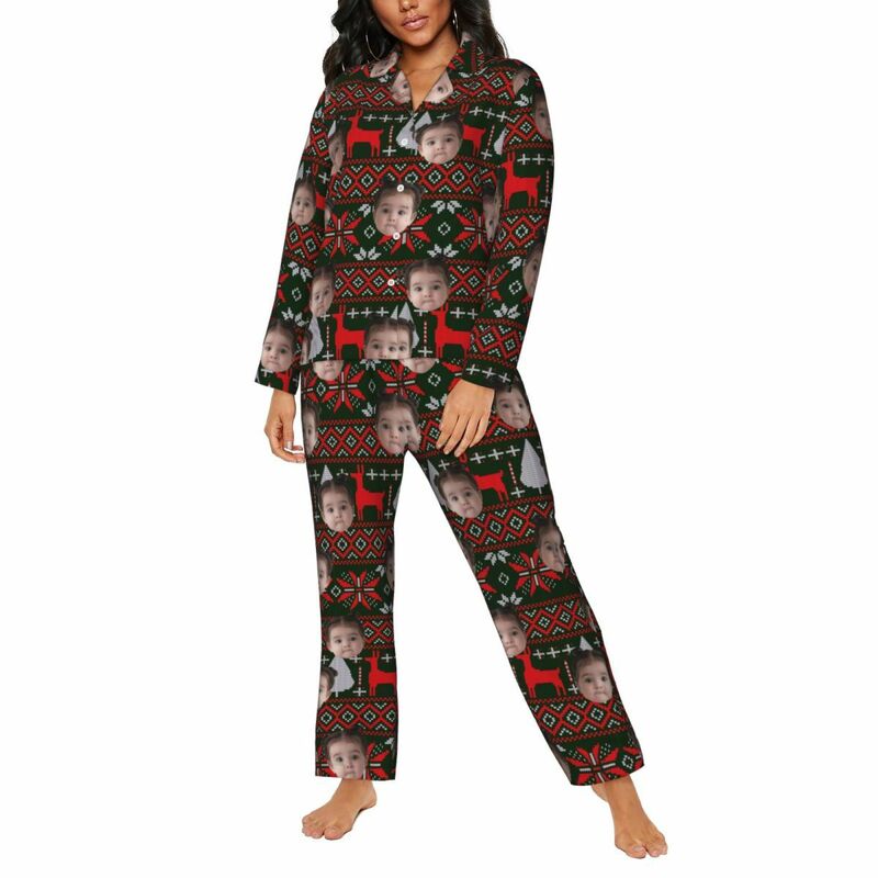 Pyjama personnalisé avec photo personnalisée, motif renne, flocon de neige, rouge et noir, cadeau pour la famille